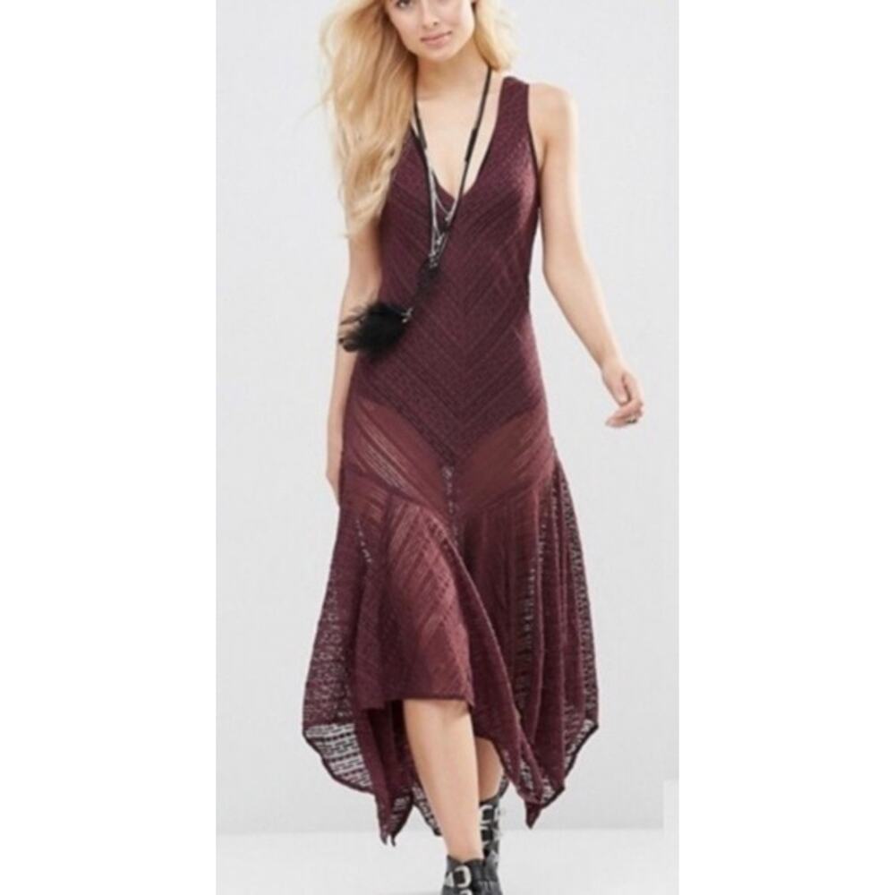 Free People Lila Maxi Dress XS Burgundy Boho Knit Sheer Festival Asymmetric Hem - Picture 8 of 15